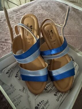Spring Step Metallic Blue and Silver Double-Strap Sandals